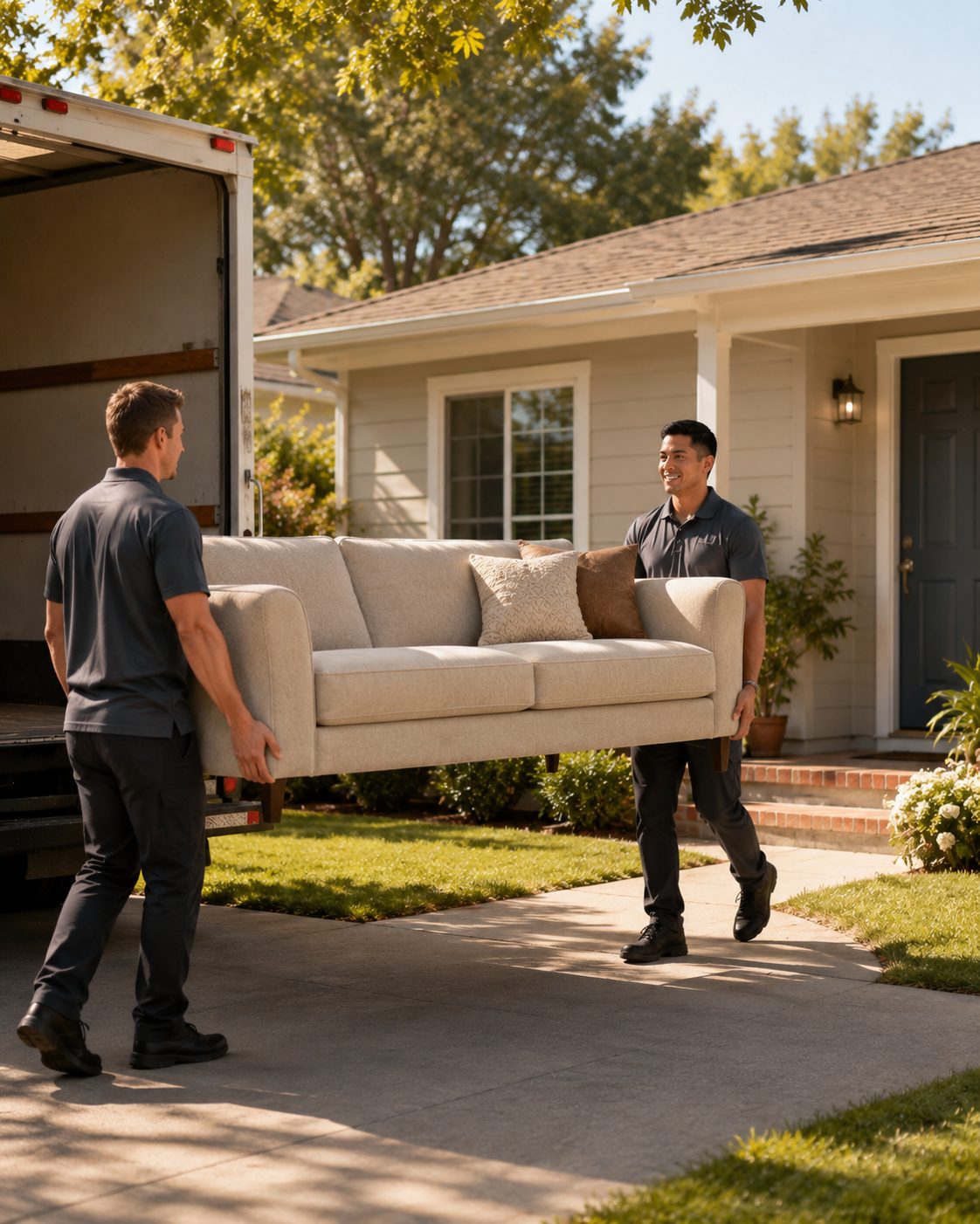 Haven delivery team placing a sofa in a sunlit living room